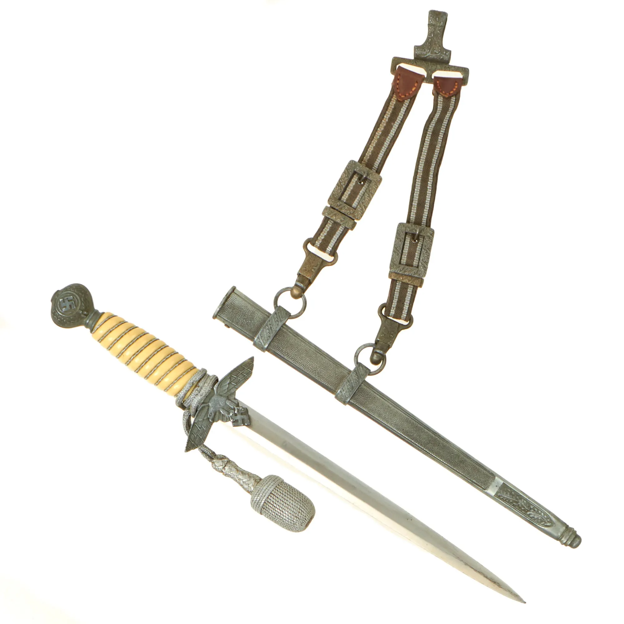 Original WWII German 2nd Model Luftwaffe Dagger with Scabbard, Hanger & Portepee - Excellent Unmarked Blade