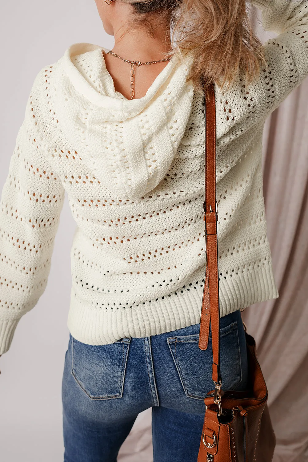 Peach Blossom Pointelle Knit Raglan Sleeve Hooded Sweater