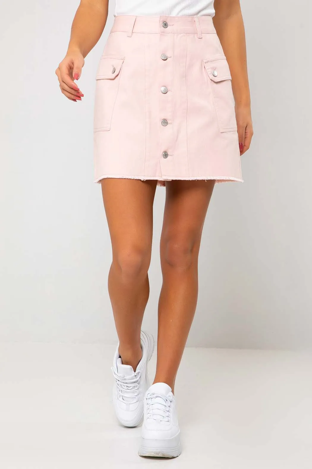 Pink Tara Denim Cargo Pocket Button Up Mini Skirt