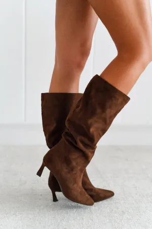 Pointed Toe Kitten Heel Tall Boots - Brown Suede
