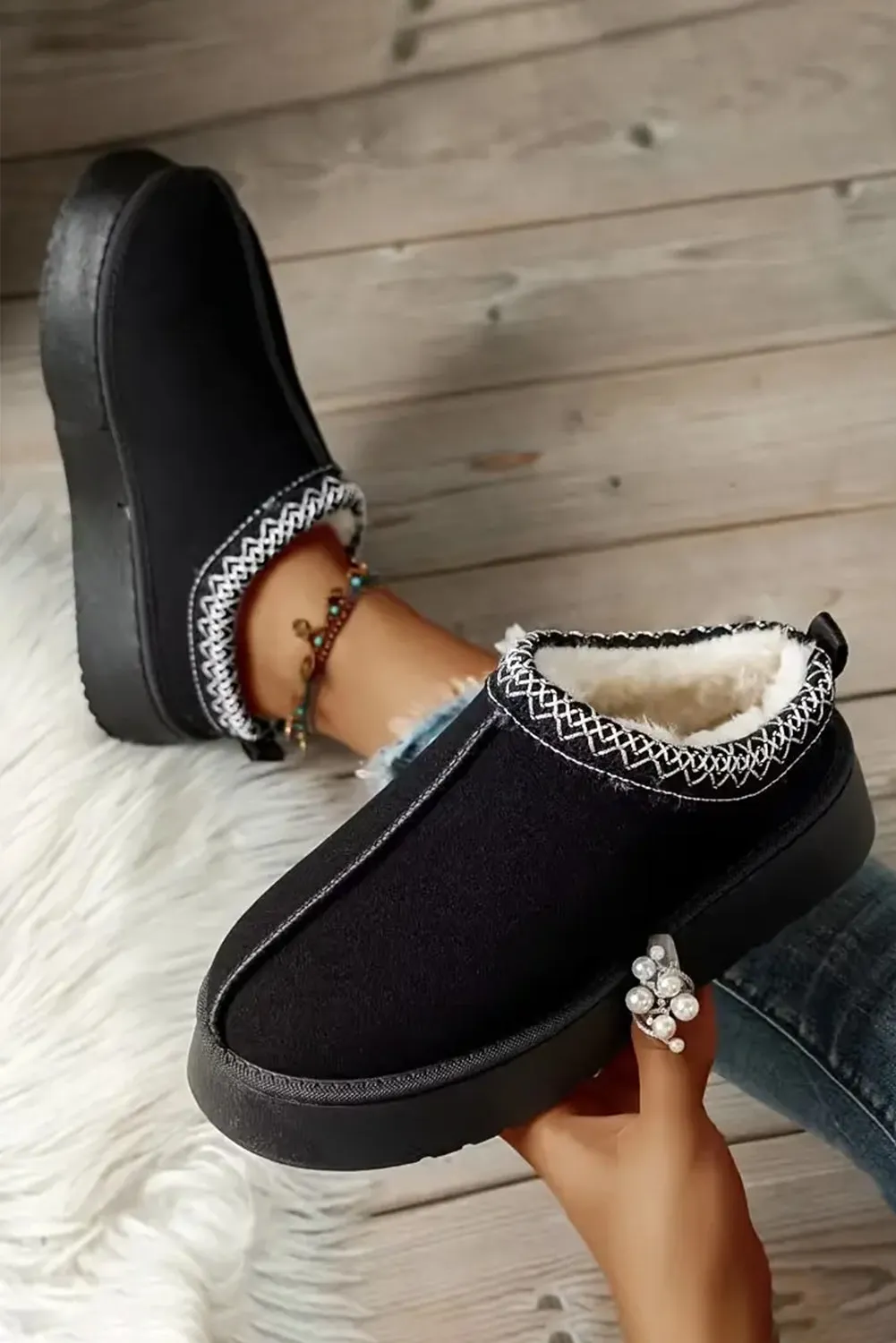 Sage Green Suede Contrast Print Round Toe Plush Lined Flats