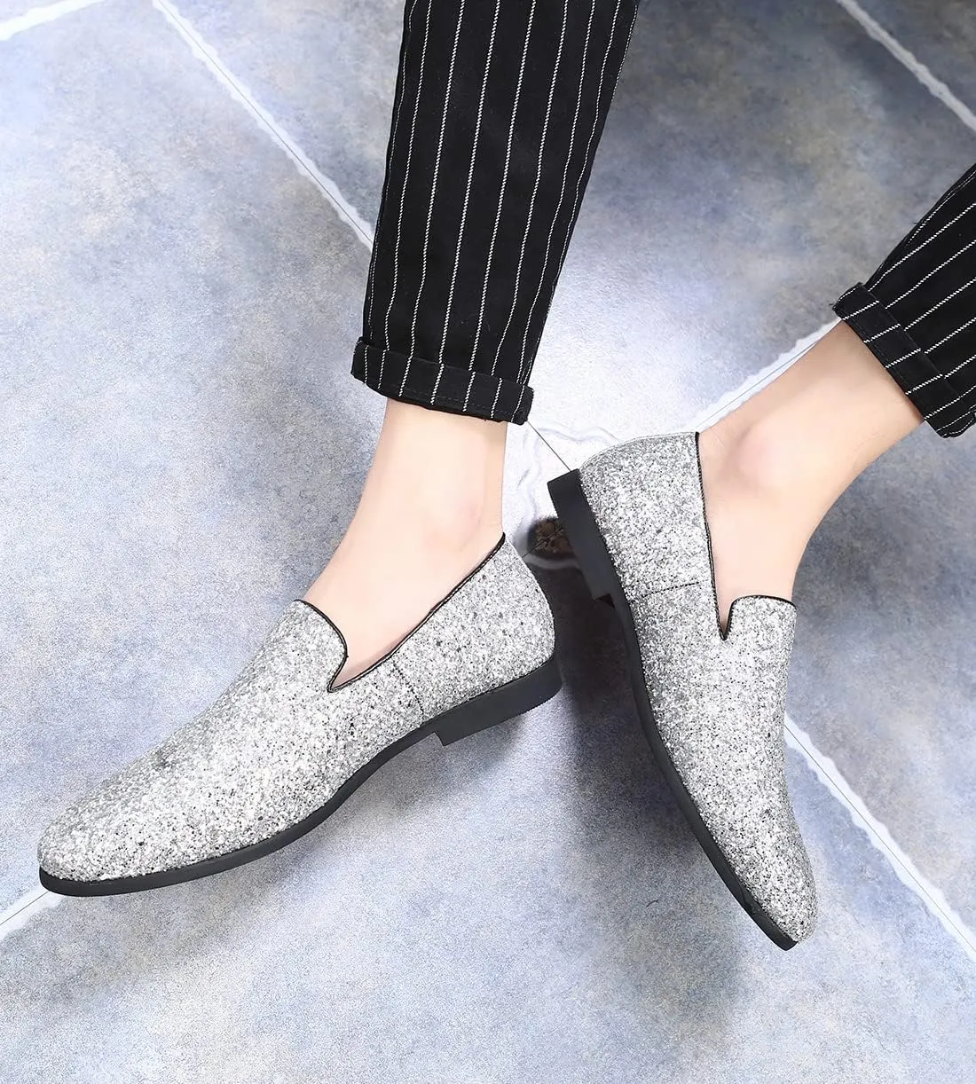 Santimon Mens Glitter Loafers Slip-On Dress Shoes ?C Sparkly Tuxedo & Suit Shoes for Weddings, Parties, and Formal Events