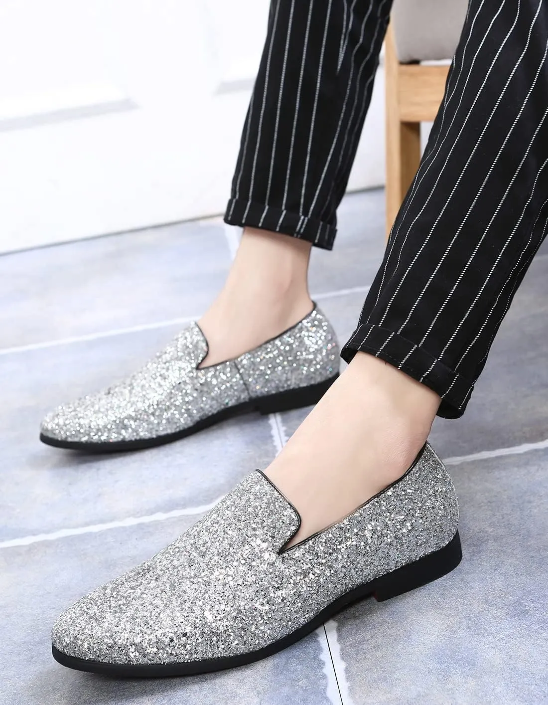 Santimon Mens Glitter Loafers Slip-On Dress Shoes ?C Sparkly Tuxedo & Suit Shoes for Weddings, Parties, and Formal Events