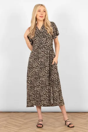 Sara Leopard Print Short Sleeve Wrap Dress - Neutral