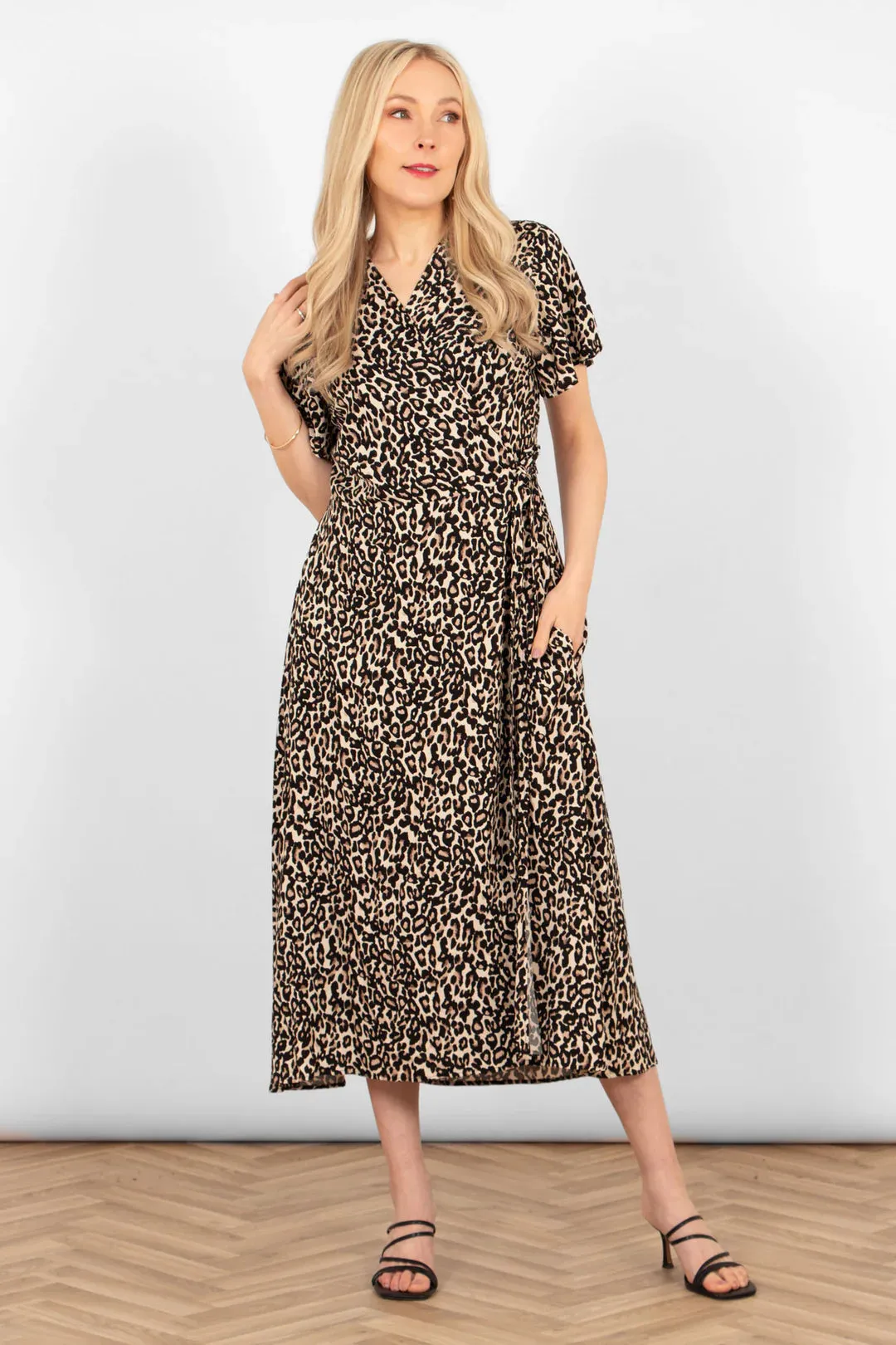 Sara Leopard Print Short Sleeve Wrap Dress - Neutral