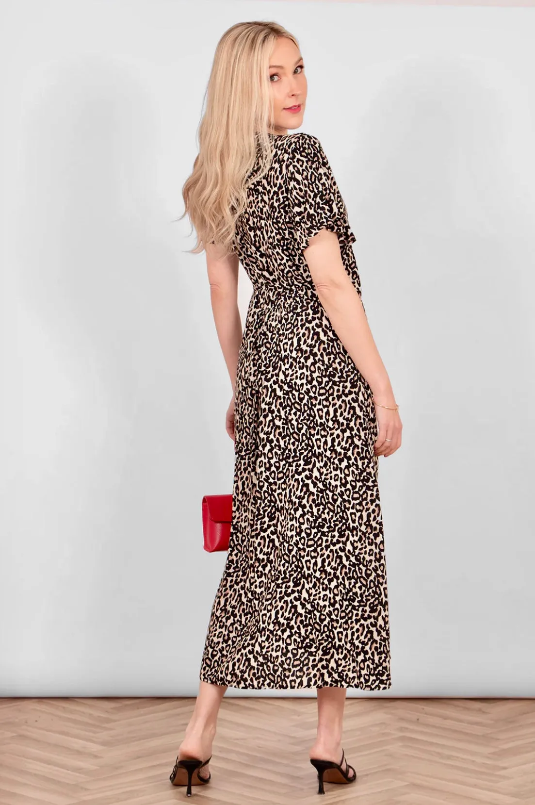 Sara Leopard Print Short Sleeve Wrap Dress - Neutral