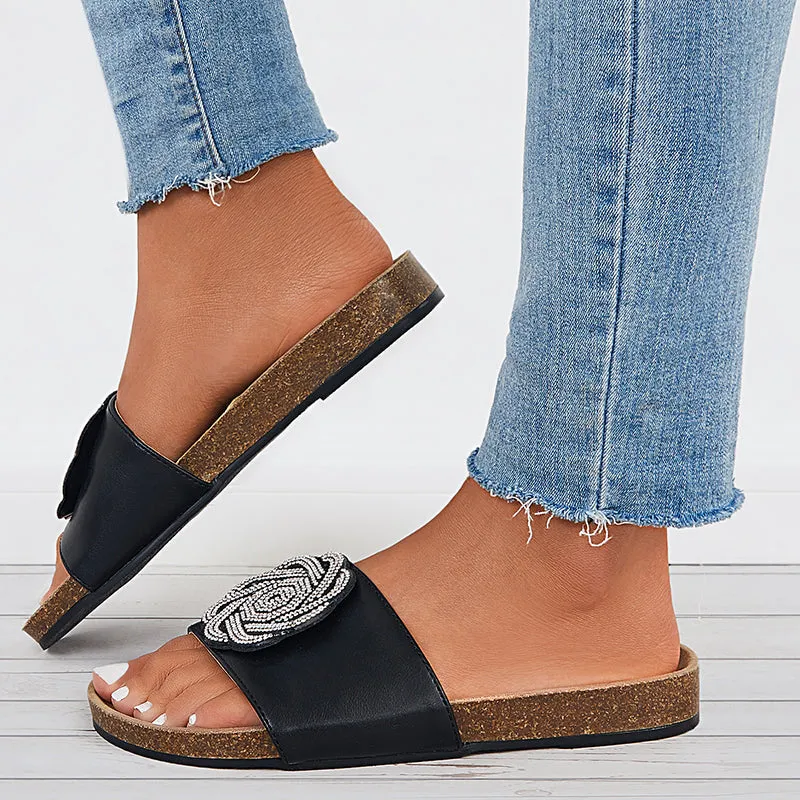 Sohiwoo  Women Glitter Shiny Slide Cork Sole Sandals Sparkle Fancy Flat Slippers