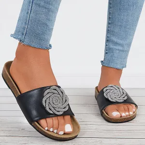 Sohiwoo  Women Glitter Shiny Slide Cork Sole Sandals Sparkle Fancy Flat Slippers