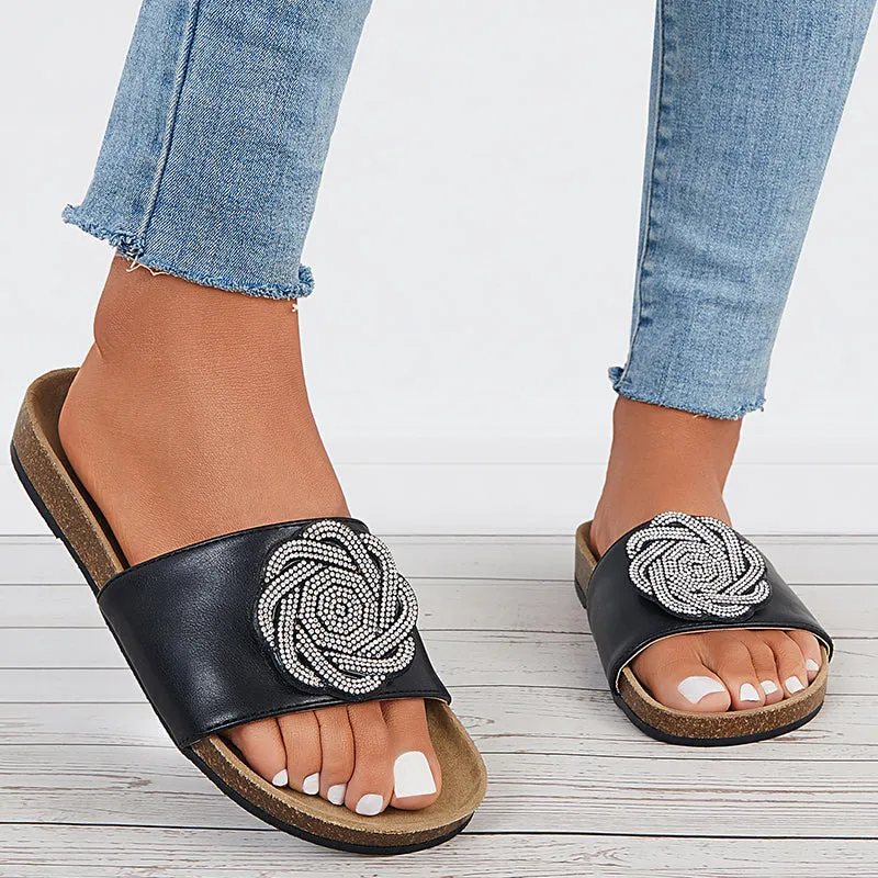 Sohiwoo  Women Glitter Shiny Slide Cork Sole Sandals Sparkle Fancy Flat Slippers