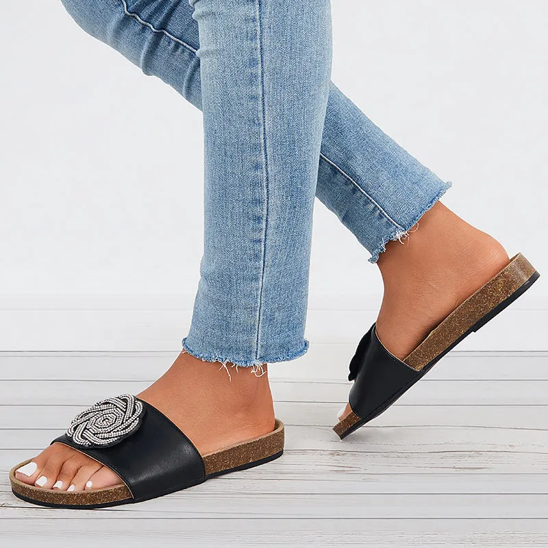 Sohiwoo  Women Glitter Shiny Slide Cork Sole Sandals Sparkle Fancy Flat Slippers