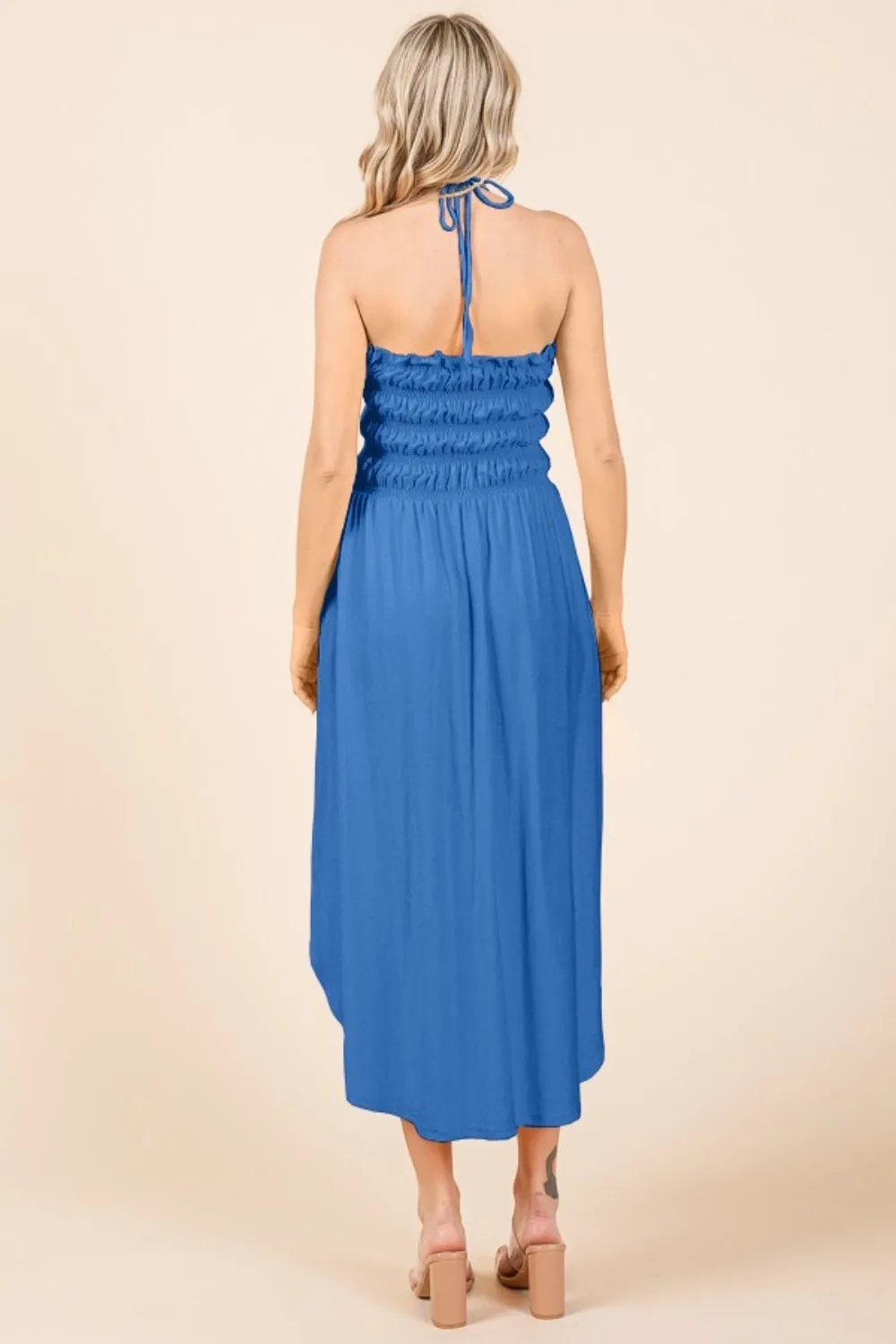 Tie Back Blue Shirring Dress with Pockets