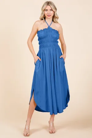 Tie Back Blue Shirring Dress with Pockets