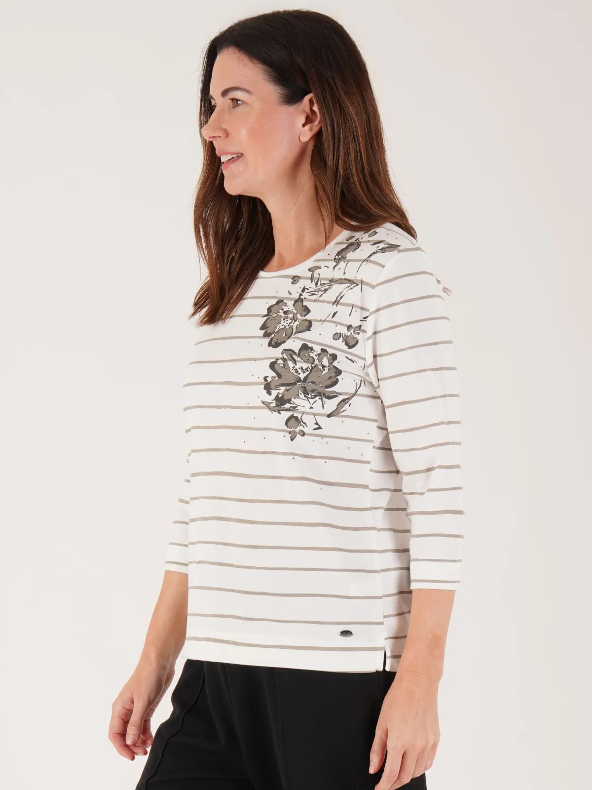 TIGI 14/16 Cream Floral Placement Print Stripe Top - T25-04A