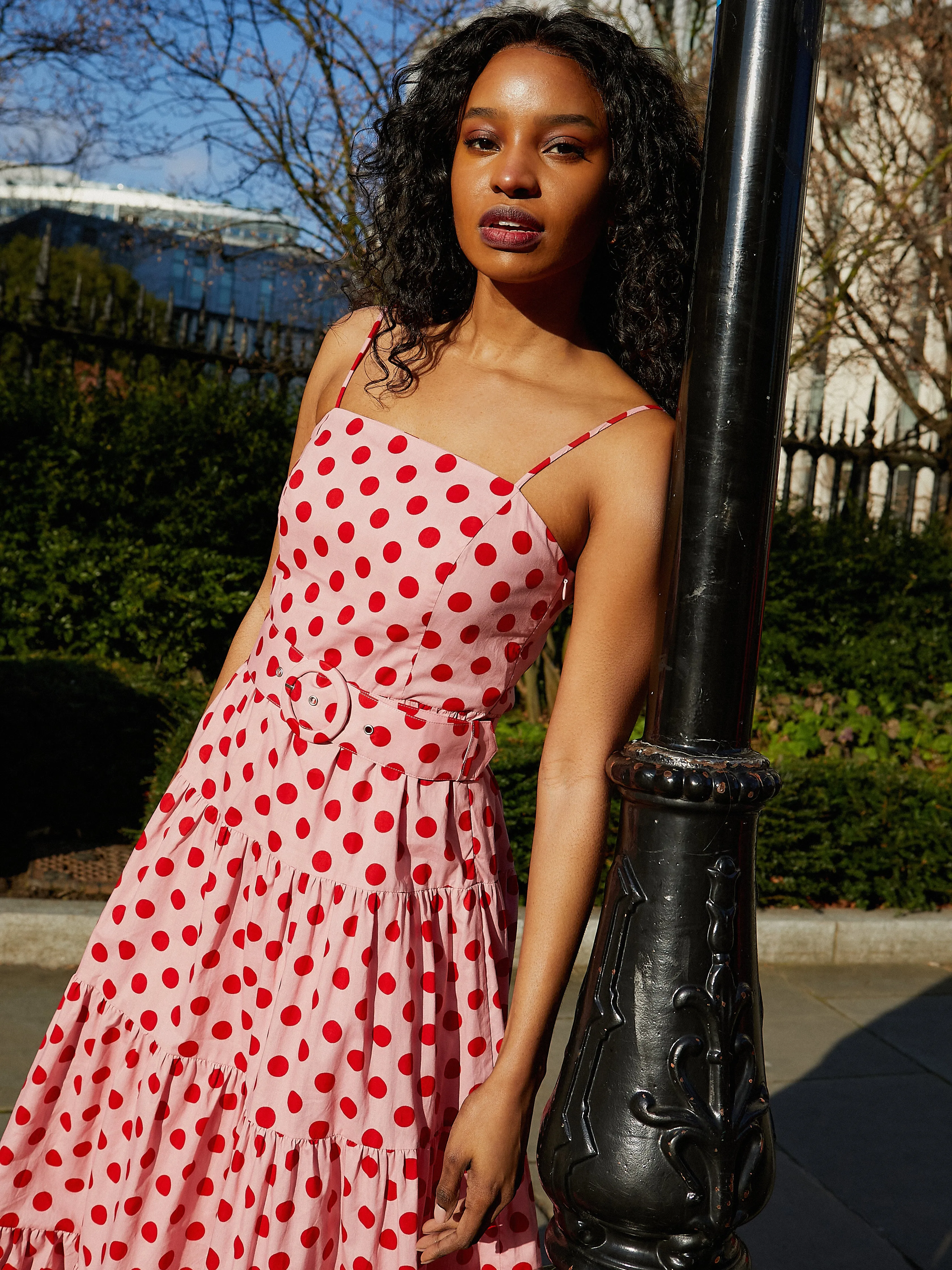 Tillie Bandeau Belted Midi Dress / Pink And Red Spot