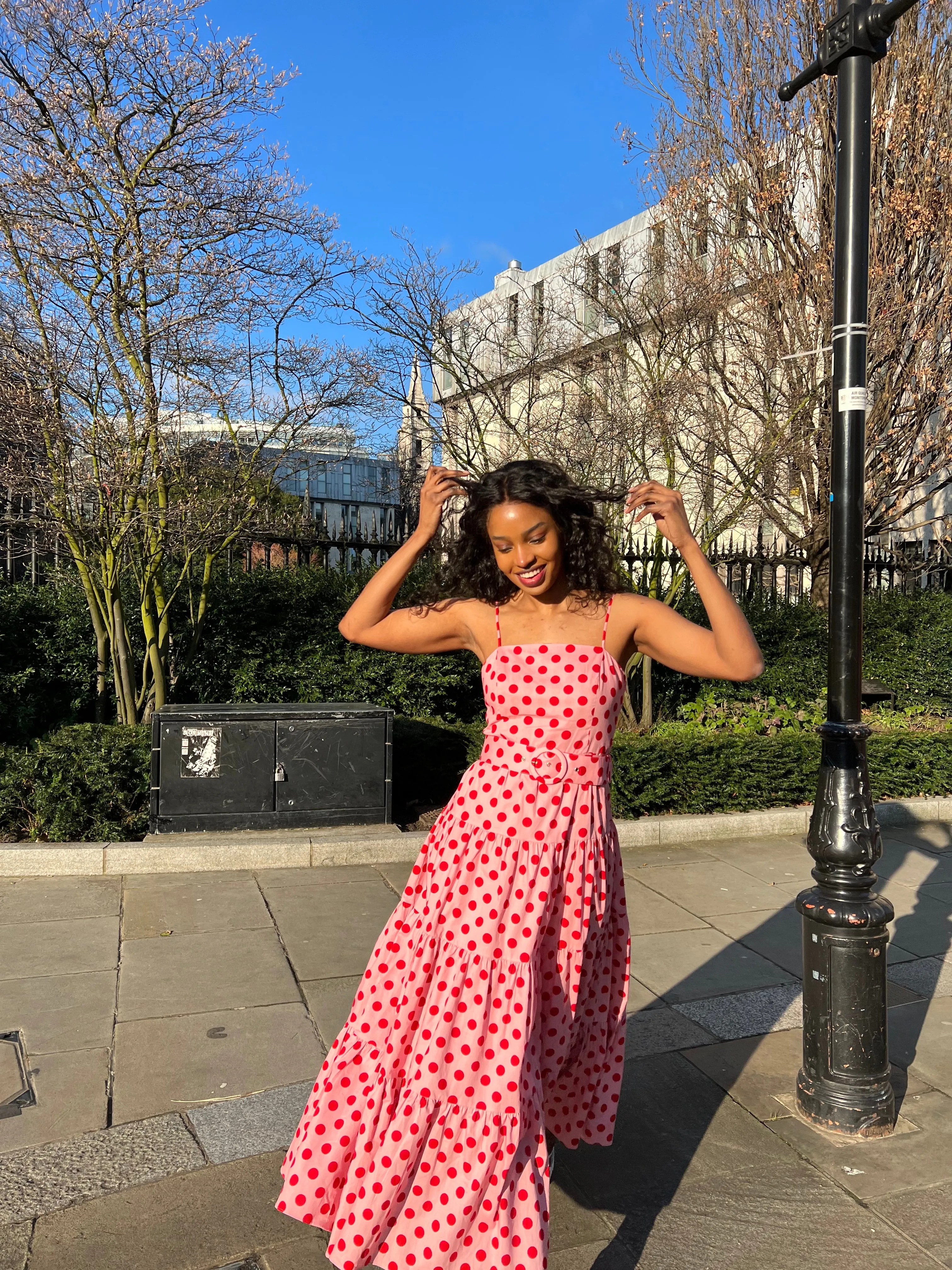 Tillie Bandeau Belted Midi Dress / Pink And Red Spot