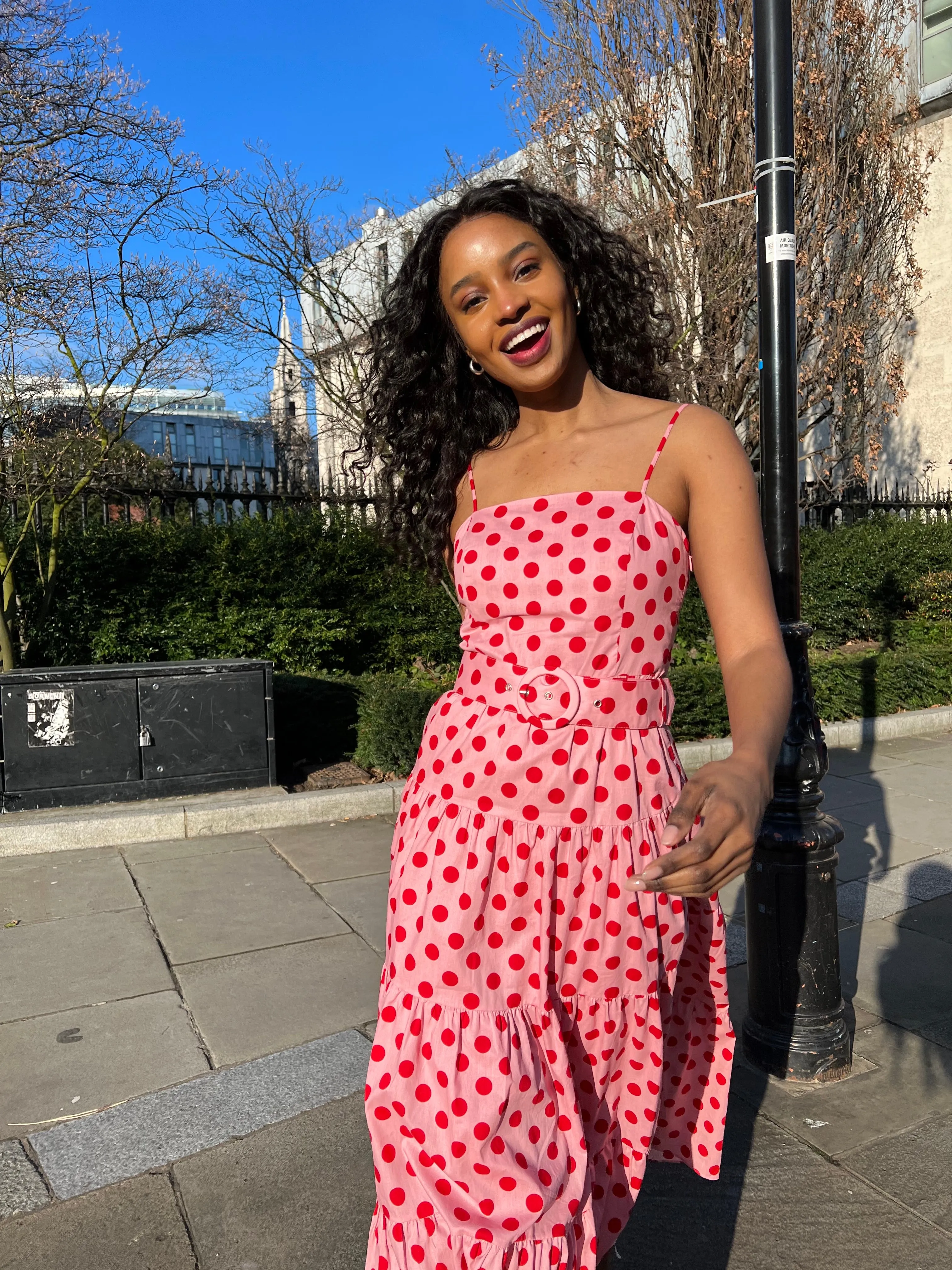 Tillie Bandeau Belted Midi Dress / Pink And Red Spot