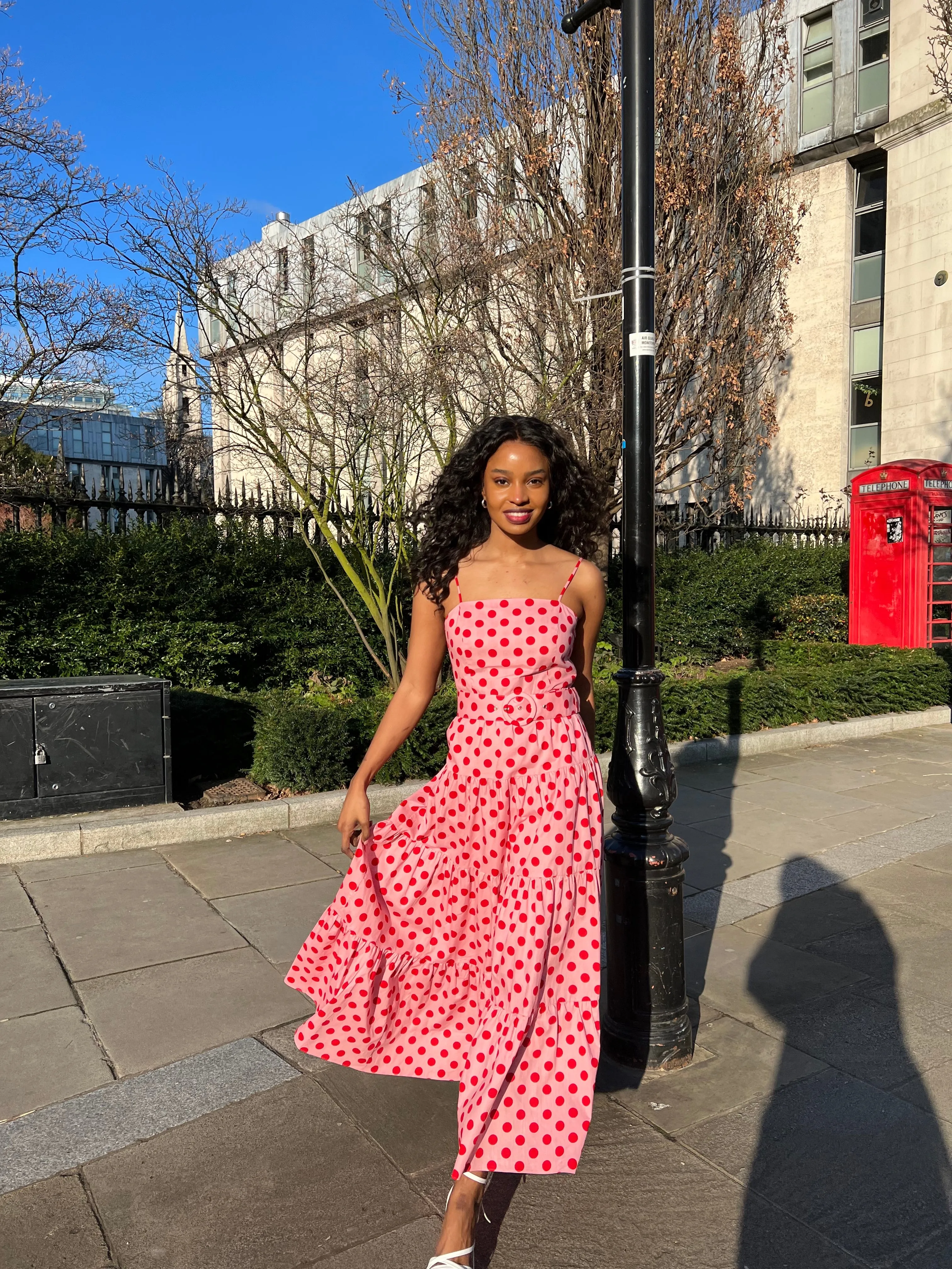 Tillie Bandeau Belted Midi Dress / Pink And Red Spot