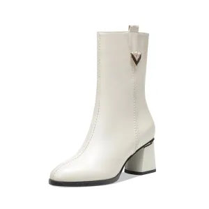 TinaCus Women's Genuine Leather Handmade Round Toe Side Zipper Chunky Heel Stylish Mid Calf Boots