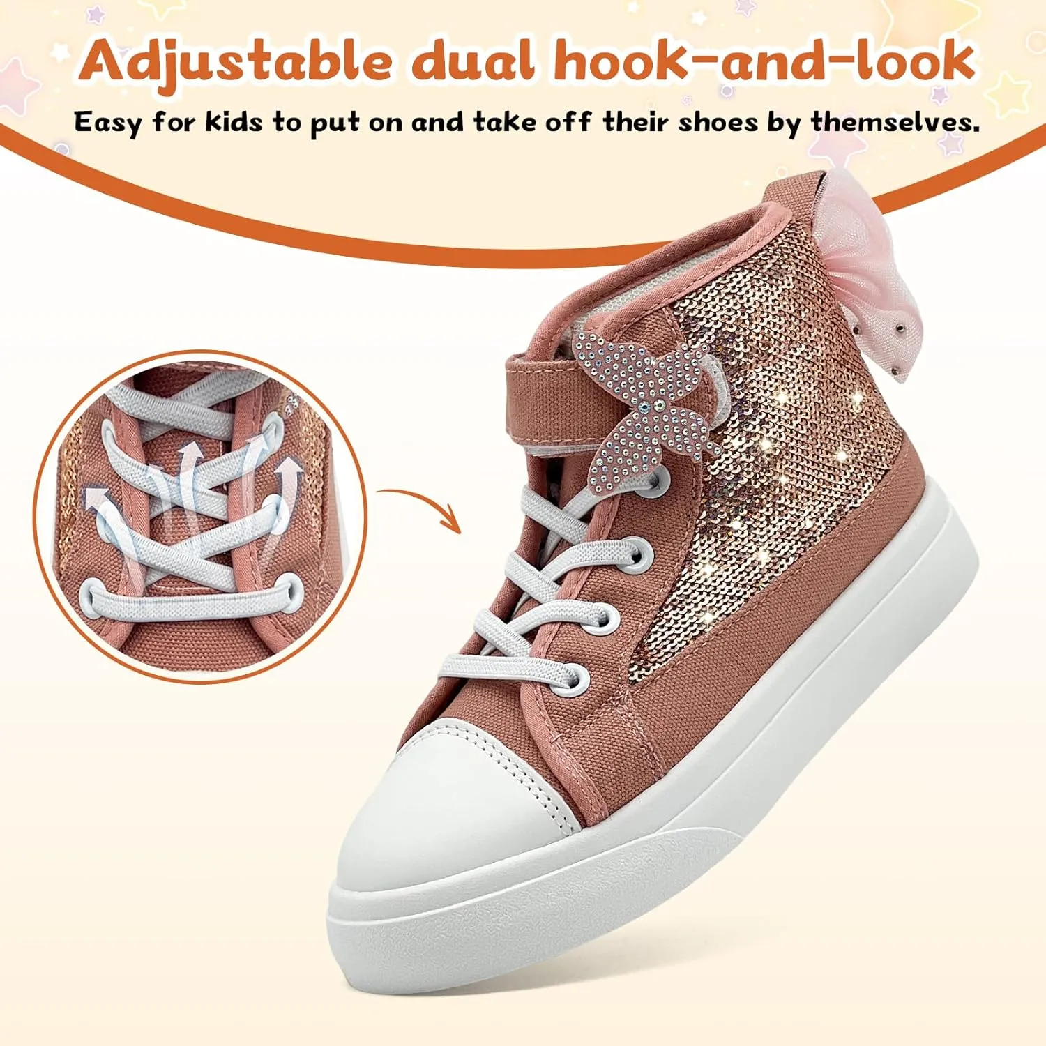 Toddler Sneakers for Girls Boys Canvas High Top Kids Fashion Sparkle Sequins Bow Shoes Running Walking Casual Shoes