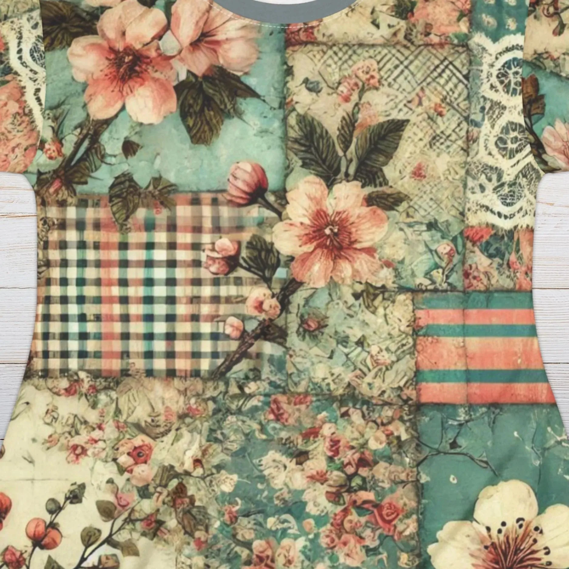 Victorian Inspired Fantasy Patchwork T-Shirt Dress with Cherry Blossoms