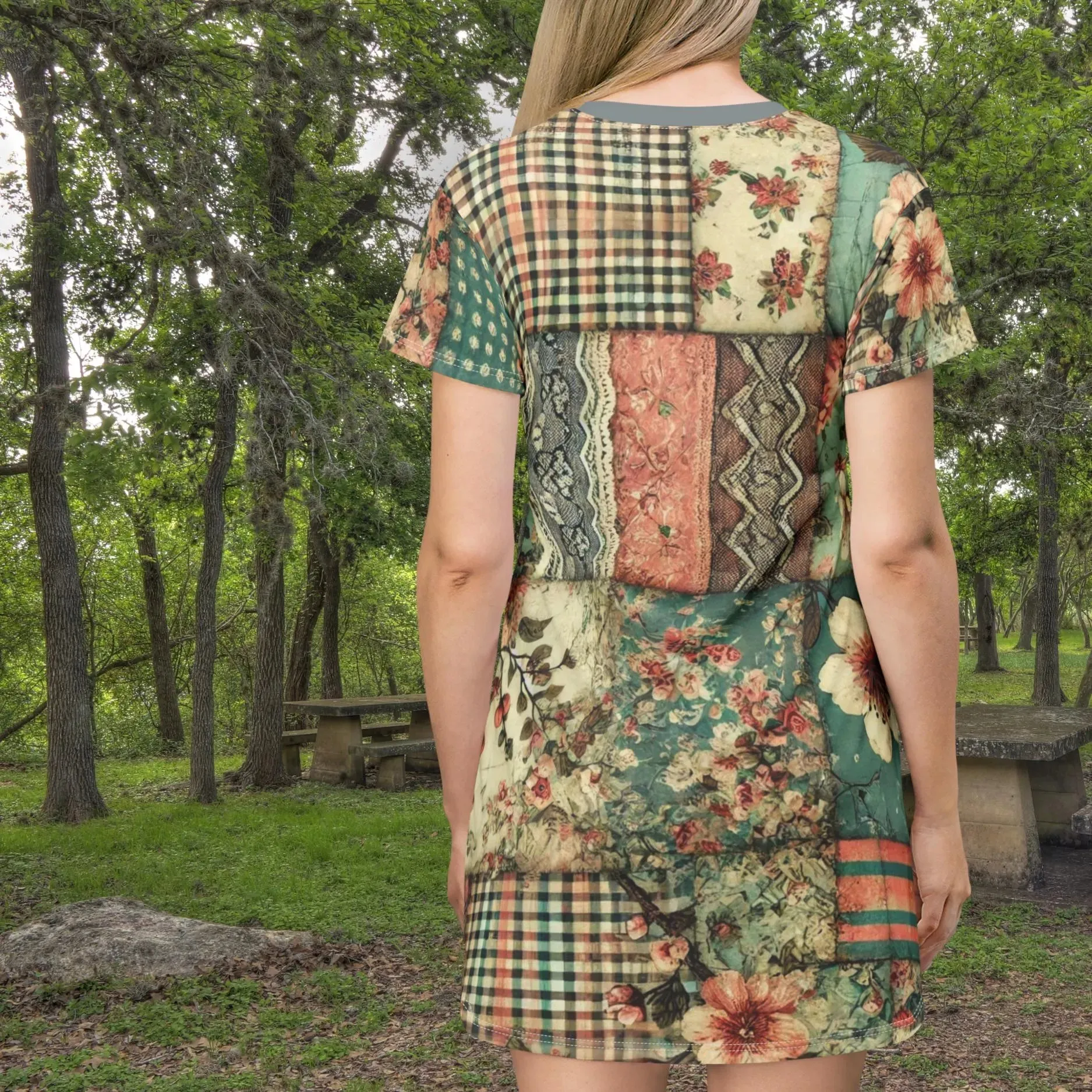 Victorian Inspired Fantasy Patchwork T-Shirt Dress with Cherry Blossoms