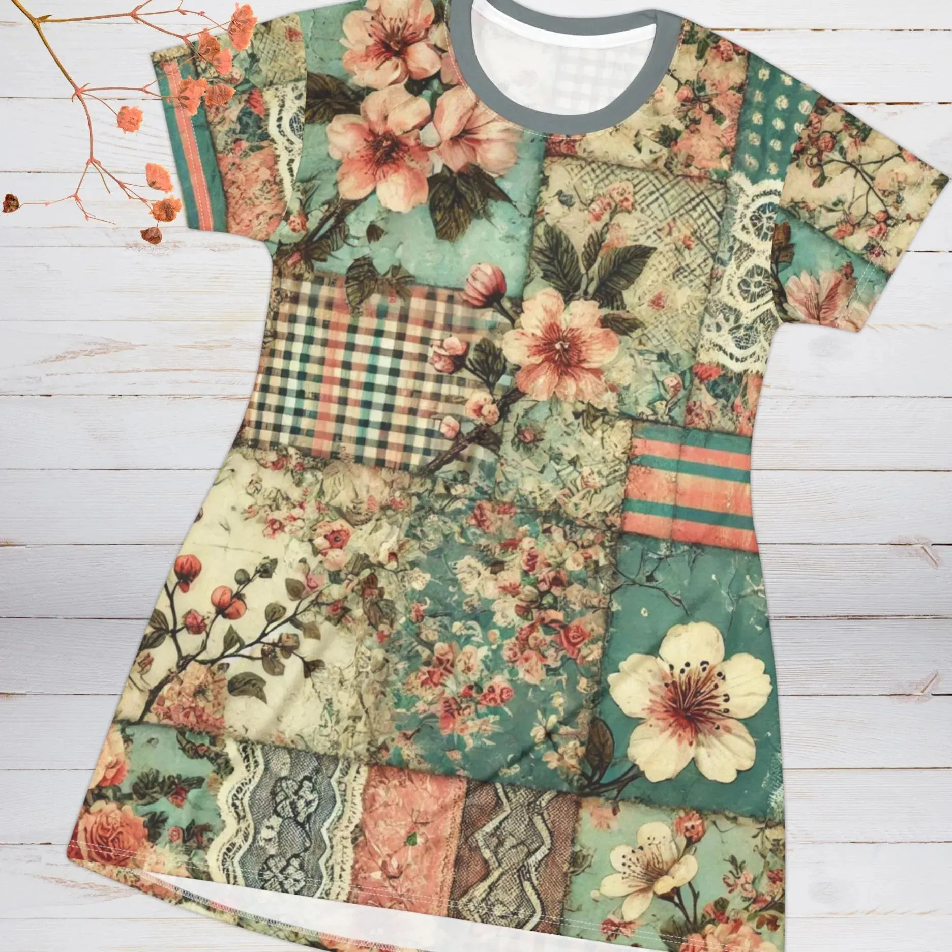 Victorian Inspired Fantasy Patchwork T-Shirt Dress with Cherry Blossoms