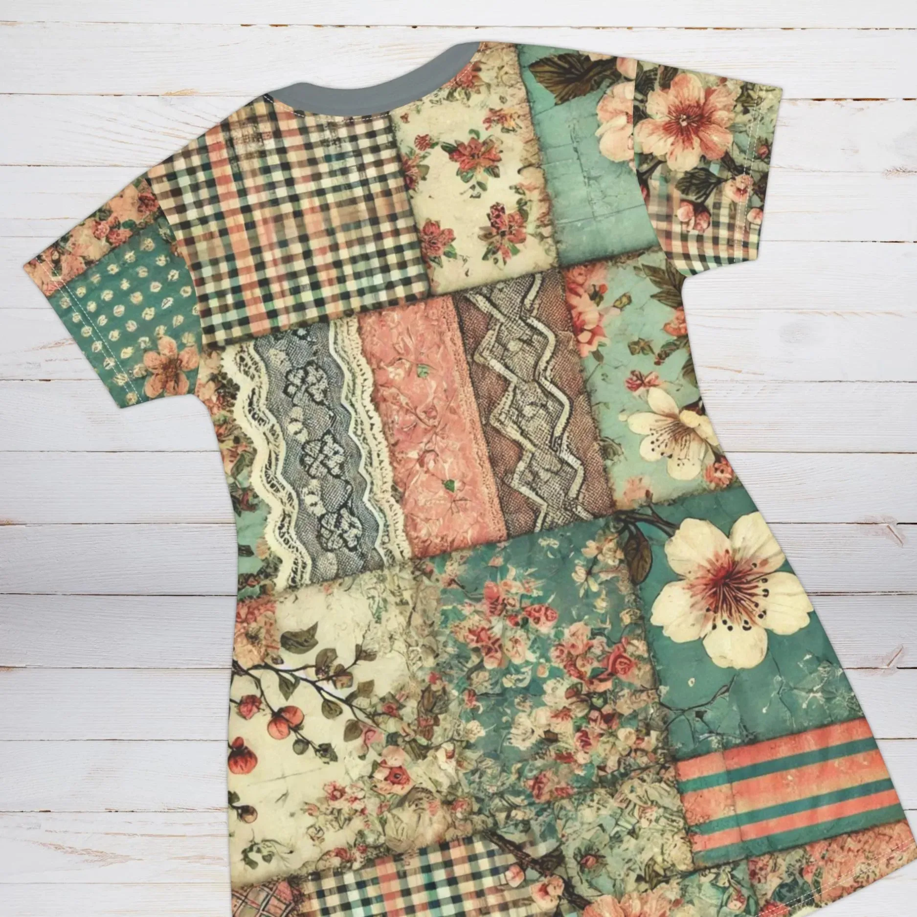 Victorian Inspired Fantasy Patchwork T-Shirt Dress with Cherry Blossoms