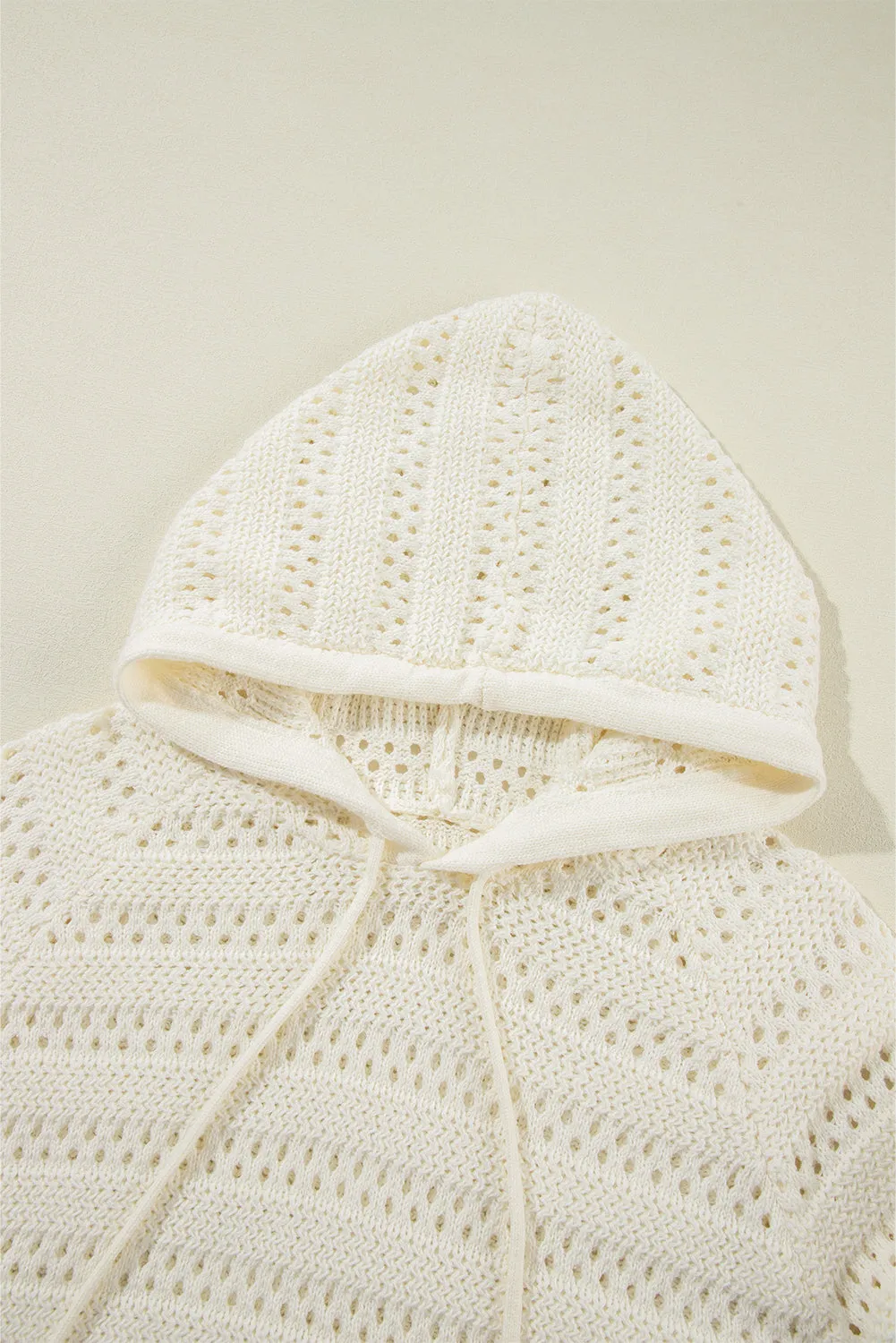 White Pointelle Knit Raglan Sleeve Hooded Sweater
