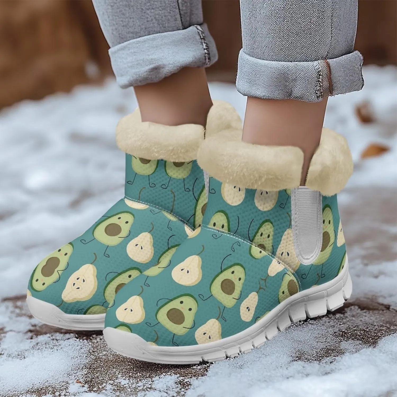 Winter Boots for Women White Sole Snow Boots Anti-Slip Outsole Ankle Boots Warm Fur Lining Mid Boot Walking Booties