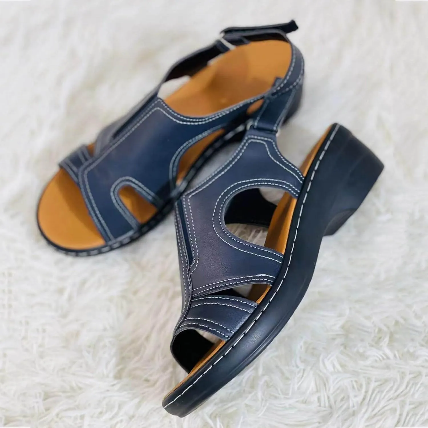 Women Orthopedic Platform Wedge Sandals 2025 Summer Open Toe Wide Width Arch Support Elastic Ankle Strap Sandals Stitching Hollow Thick Soles Walking Beach Casual Outdoor Shoes