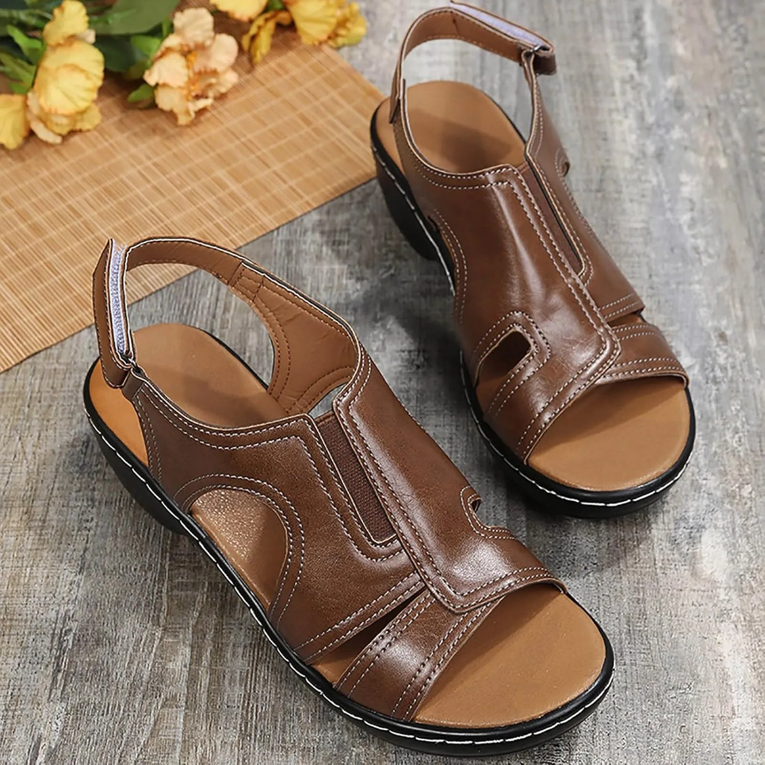 Women Orthopedic Platform Wedge Sandals 2025 Summer Open Toe Wide Width Arch Support Elastic Ankle Strap Sandals Stitching Hollow Thick Soles Walking Beach Casual Outdoor Shoes