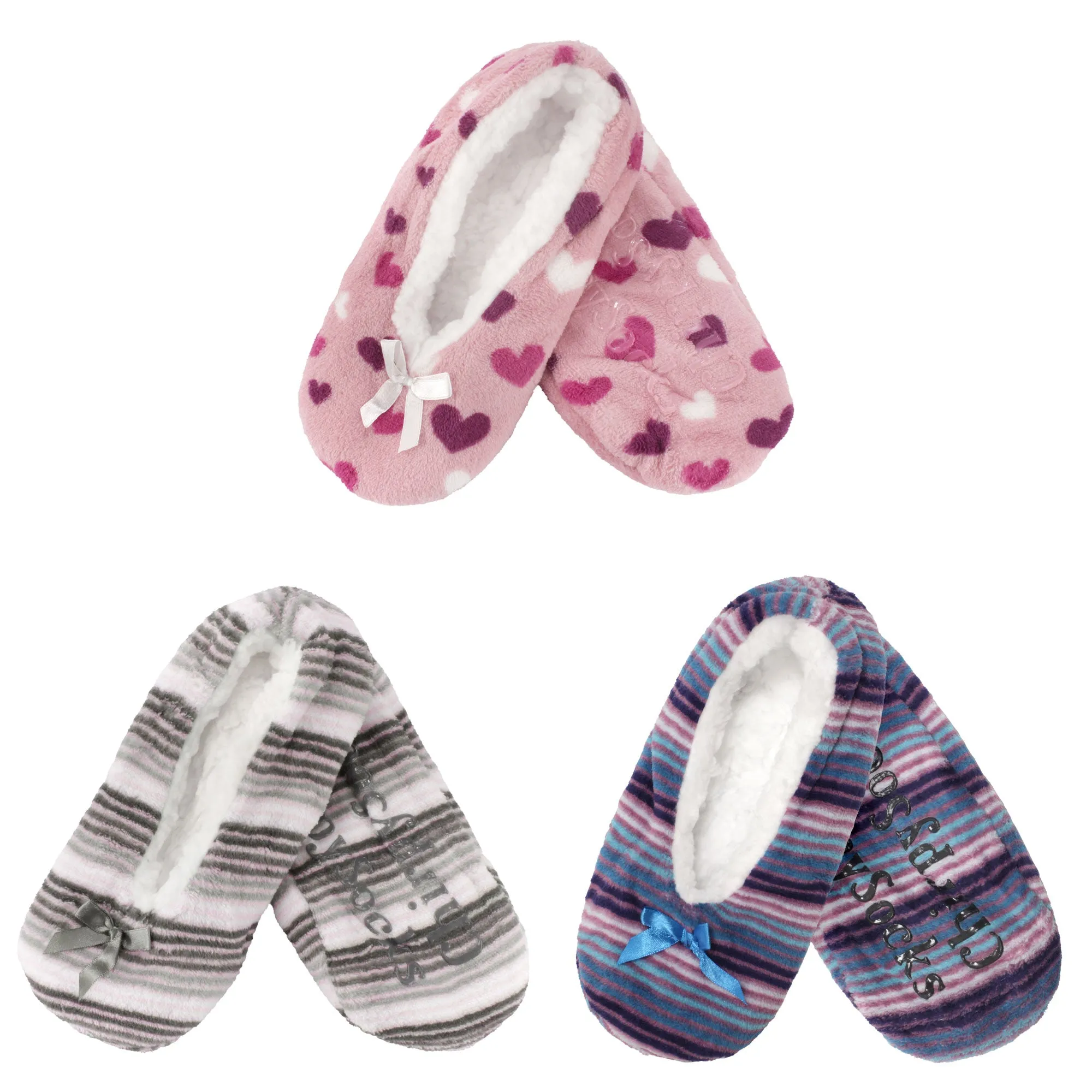 Women Soft Warm Cozy Fuzzy Furry Hearts Stripes Slippers Non-Slip Lined Socks, Assortments, 2 Pairs/3 Pairs