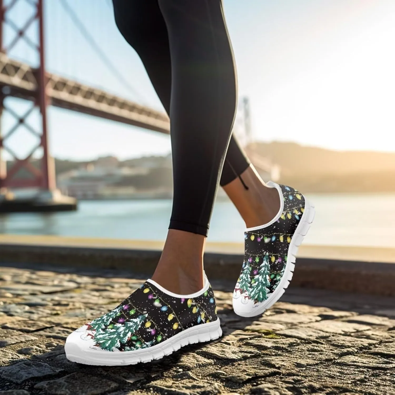 Women's Christmas Sneaker Flat Soft Casual Low-Top Tennis Shoes Slip-On Lightweight Non-Slip Breathable Mesh Outdoor Sport Running Sneaker for Ladies US 5.5-11.5