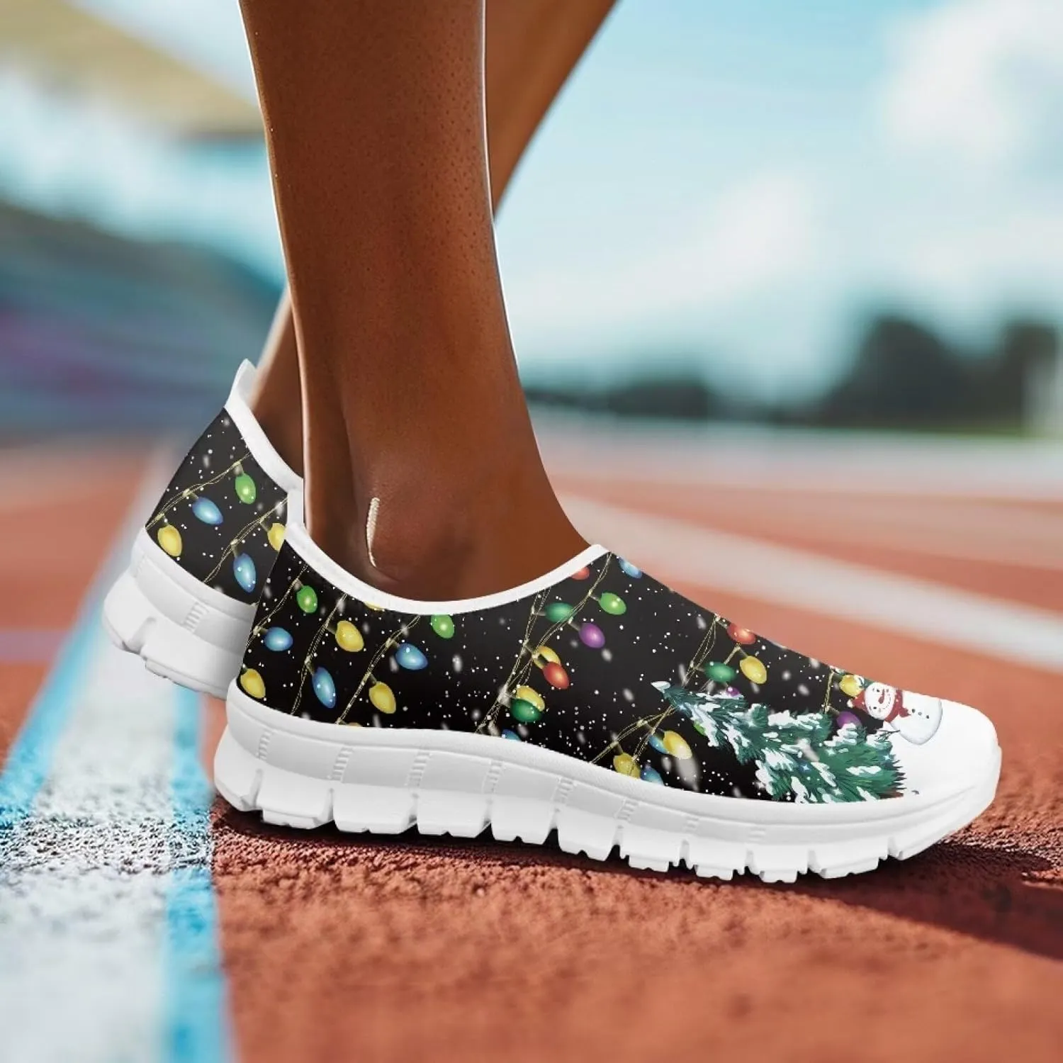 Women's Christmas Sneaker Flat Soft Casual Low-Top Tennis Shoes Slip-On Lightweight Non-Slip Breathable Mesh Outdoor Sport Running Sneaker for Ladies US 5.5-11.5