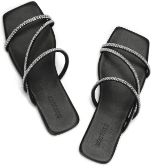 Women's Flat Sandals Strappy Square Open Toe Slide Sandals Dressy Comfortable Wide Feet Friendly