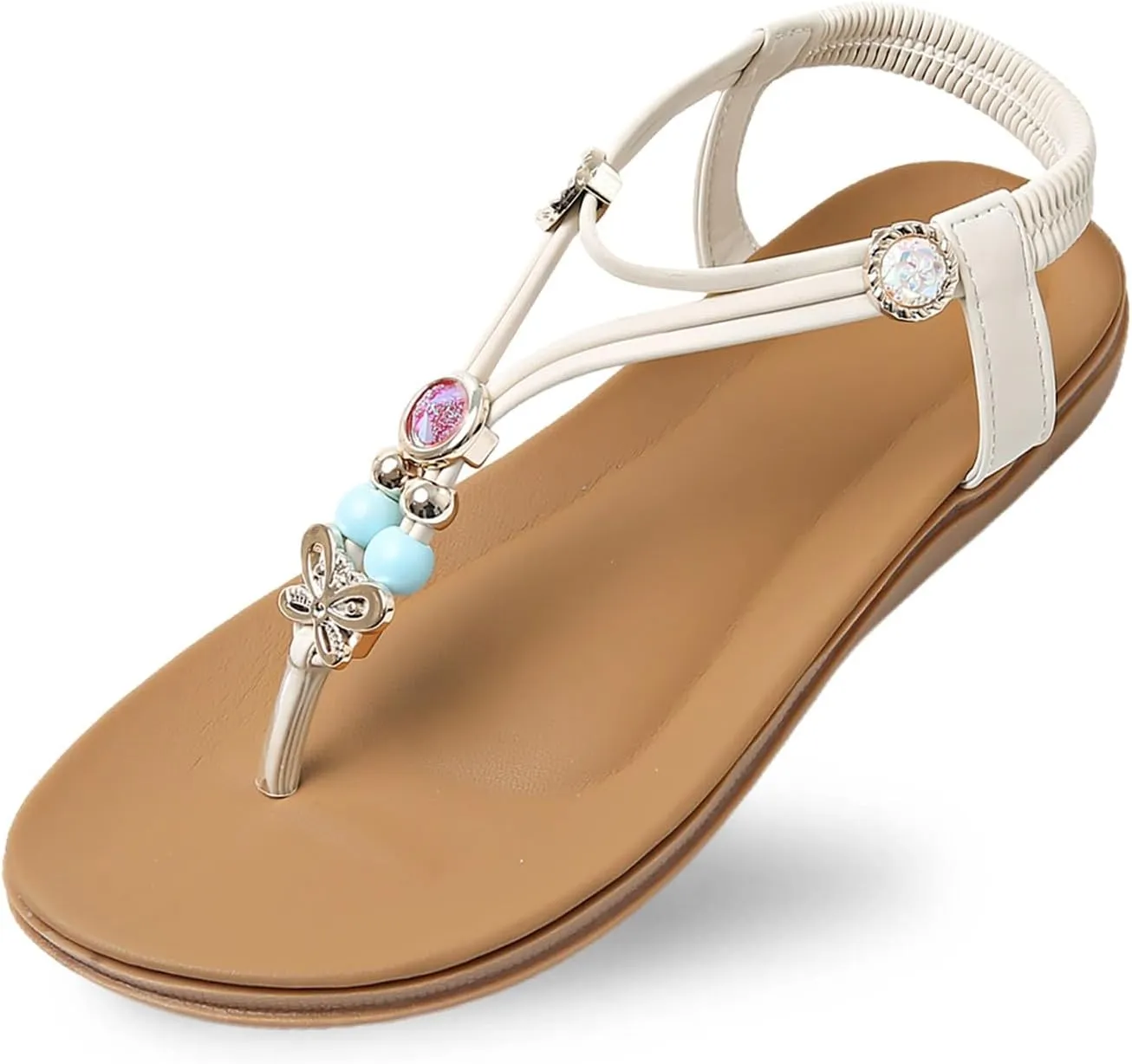 Womens Flip Flops Summer Bohemian Sandals Travel Beach Sandals Elastic Ankle Strap Dressy Sandal Outdoor Vacation Shoes
