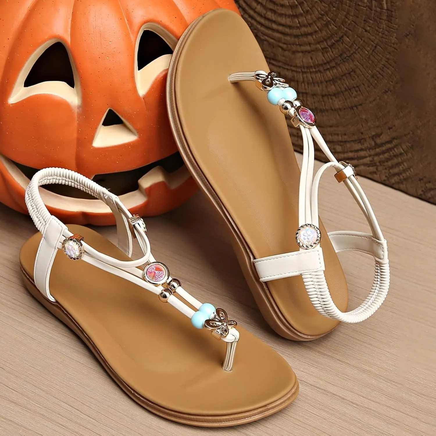 Womens Flip Flops Summer Bohemian Sandals Travel Beach Sandals Elastic Ankle Strap Dressy Sandal Outdoor Vacation Shoes