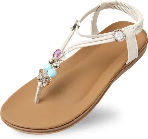 Womens Flip Flops Summer Bohemian Sandals Travel Beach Sandals Elastic Ankle Strap Dressy Sandal Outdoor Vacation Shoes