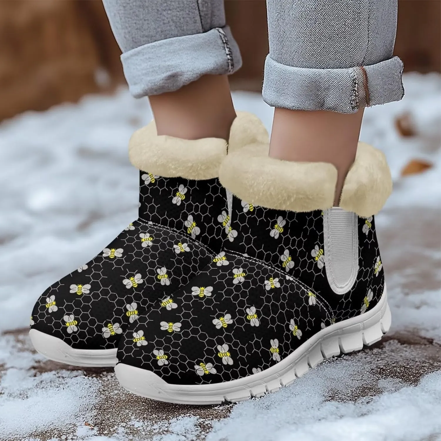 Womens Snow Boots White Sole Booties Short Ankle Boots Mid Calf Winter Boots Wide Width Slip On Boots Warm Shoes