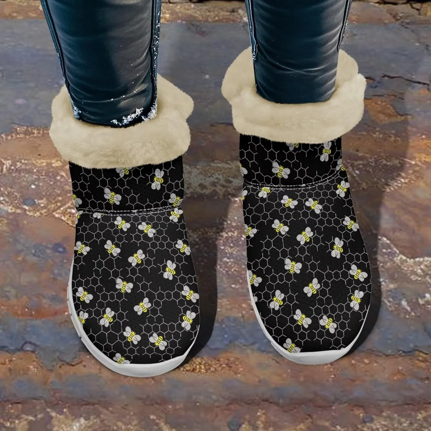 Womens Snow Boots White Sole Booties Short Ankle Boots Mid Calf Winter Boots Wide Width Slip On Boots Warm Shoes