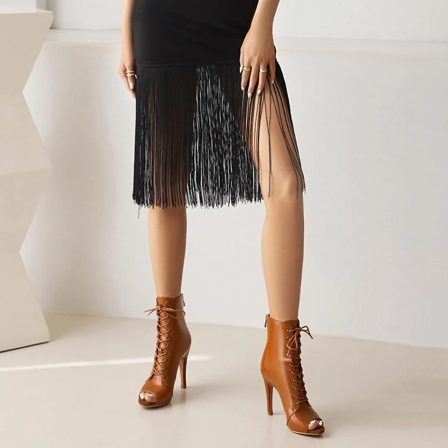 YKXLM Peep Toe Booties Leather for Latin Ballroom Dance Shoes Sexy High Heels for Dancing Practice Dancer Shoes