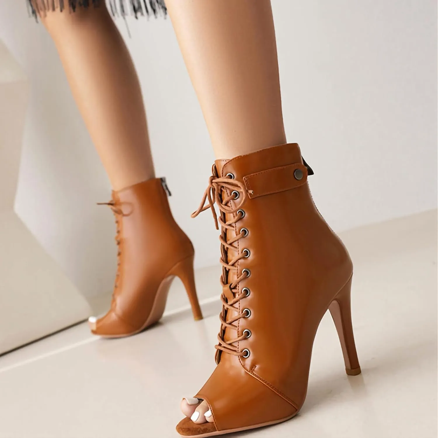 YKXLM Peep Toe Booties Leather for Latin Ballroom Dance Shoes Sexy High Heels for Dancing Practice Dancer Shoes