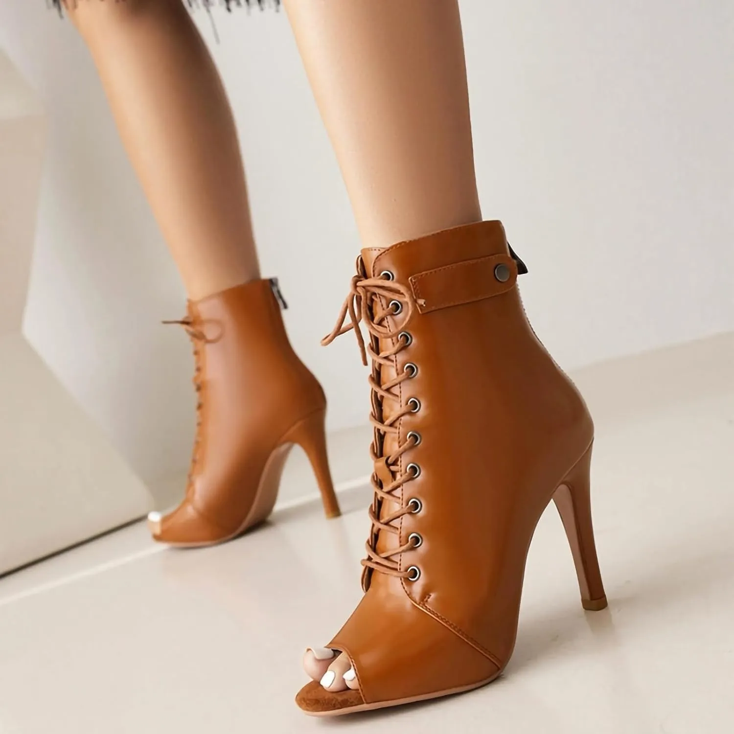 YKXLM Peep Toe Booties Leather for Latin Ballroom Dance Shoes Sexy High Heels for Dancing Practice Dancer Shoes