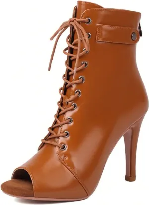 YKXLM Peep Toe Booties Leather for Latin Ballroom Dance Shoes Sexy High Heels for Dancing Practice Dancer Shoes
